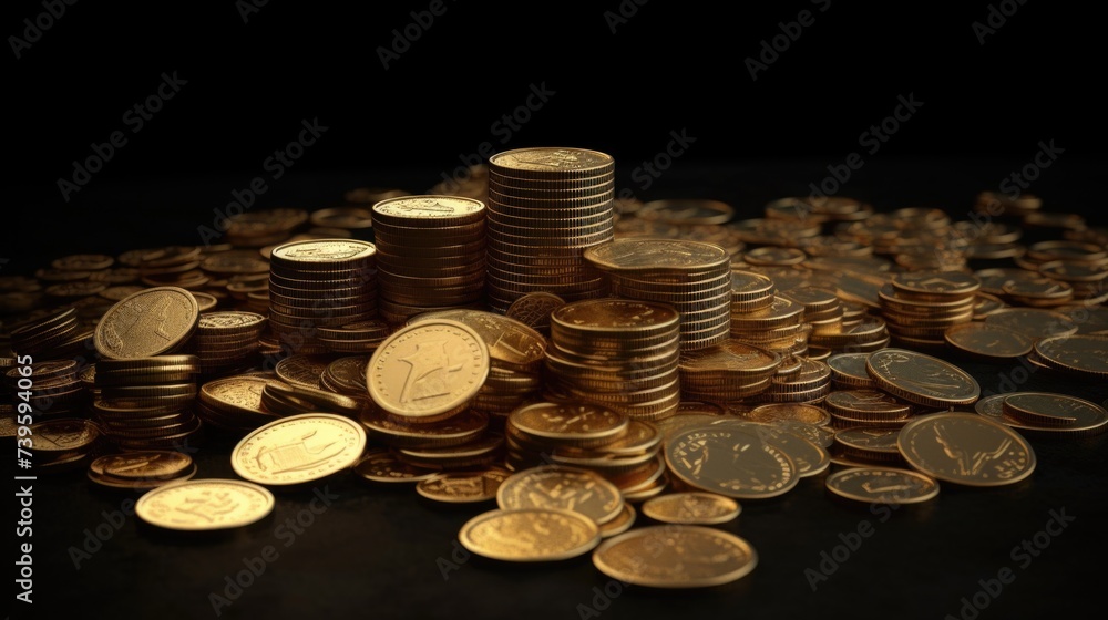 Poster golden coins in stacks and scattered. ai generative.