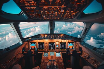 Jet cockpit with flight deck display throttle control panel cabin window view of blue sky and clouds - obrazy, fototapety, plakaty