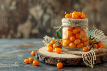 Sea buckthorn berries stored in a jar on a wooden board when ripe