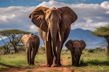 Fototapeta na wymiar Tender Moments in the Wild: A Close-Knit Family of Elephants Navigating the Vibrant African Savannah