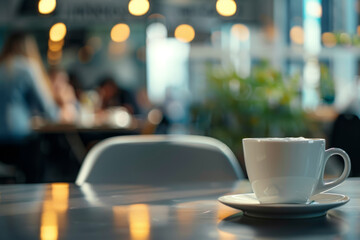 Coffee cup close-up on the table. Coffee break in business meeting or cafe. Cappuccino cup on the table. People in the blurred background. - 739594238