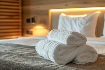 Fototapeta na wymiar Tidy towel on modern bed in bedroom