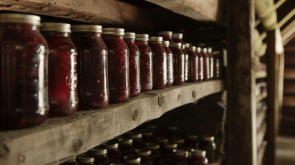 Inside a rustic barn rows of mason jars were lined up on wooden shelves. The jars were filled with homemade preserves and jams made from the fresh berries picked that morning