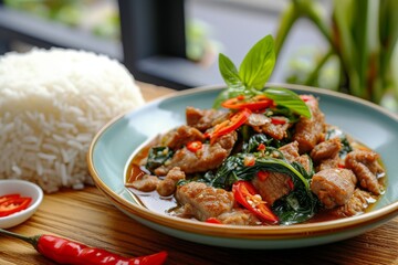 Spicy Thai stir fry with pork rice and fish sauce on wooden table