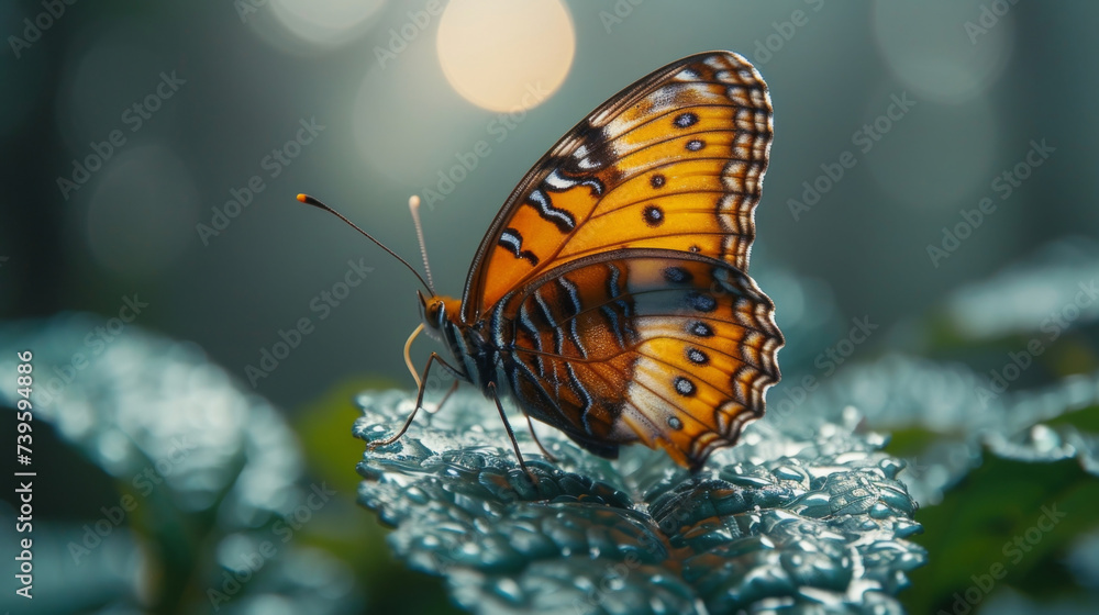 Poster closeup of a butterfly perched on a leaf its wings fluttering in a mesmerizing pattern as it explore
