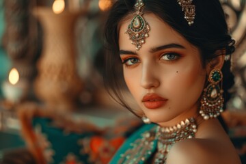 Fototapeta premium Stunning Indian woman adorned in lavish attire makeup and jewelry striking a pose against a vintage backdrop showcasing a trendy lifestyle and fash