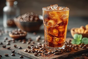 Tuinposter Ice coffee with cream in a tall glass and coffee beans, portafilter, tamper and milk jug © Vasiliy