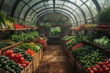 A vibrant, bountiful greenhouse overflowing with fresh, locally-grown produce, ripe fruits, and colorful flowers, providing a natural and sustainable source of whole foods for the greengrocer's vegan - obrazy, fototapety, plakaty