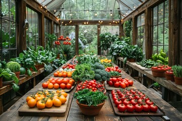 A bountiful spread of locally-grown produce fills a wooden table, showcasing the beauty and nourishment of natural foods while a vibrant mix of houseplants and bush tomatoes add a touch of freshness 