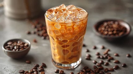 Foto op Aluminium Ice coffee with cream in a tall glass and coffee beans, portafilter, tamper and milk jug © Vasiliy