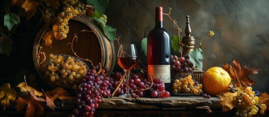 Rustic still life composition with a wine bottle, grapes, and oak barrel on wooden surface