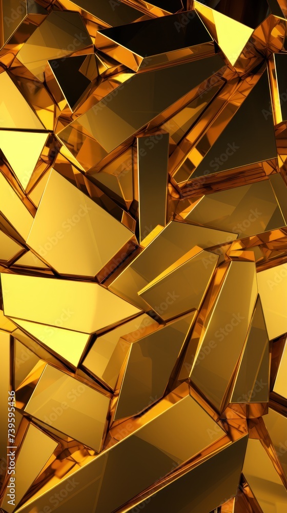 Poster an abstract composition of shiny golden polygons creating a three-dimensional effect, ideal for luxu