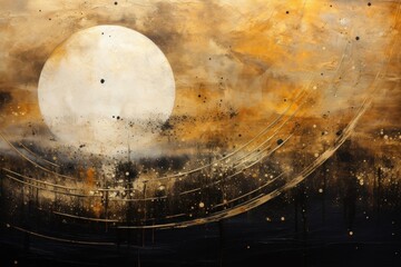 An evocative abstract piece with a golden moon against a dark cosmic backdrop, full of mystery and allure.