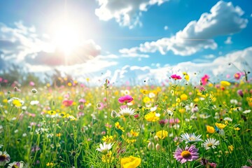 Colorful wildflower meadow under a summer sky Illuminated by soft sunbeams Creating a vibrant and inviting nature scene © Jelena