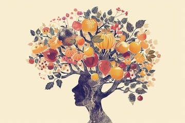 Creative illustration of the human mind as a tree with various fruits and vegetables Symbolizing mental health and nutritional psychology - obrazy, fototapety, plakaty
