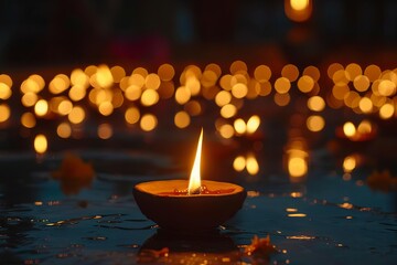 Diwali celebration scene with traditional earthen diya lamps lit against a dark background Symbolizing the festival of lights and spiritual victory.