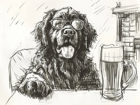 A whimsical sketch of a dog wearing glasses and sitting by a pint of beer, a humorous and playful image ideal for pet-themed content