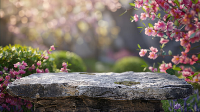 Empty Old Stone Table with Blurred Spring Theme in Background, Perfect for Product Display.