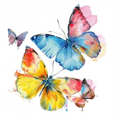 A watercolor painting of various brightly colored butterflies in mid-flight, depicting movement and grace.