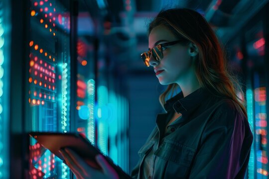 Female it specialist in a data center Utilizing a tablet to manage server operations and ensuring secure data storage and processing