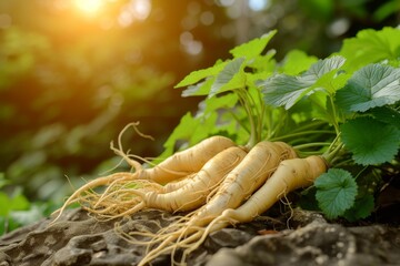 Ginseng or Panax ginseng in natural setting - obrazy, fototapety, plakaty