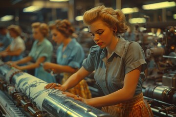 A determined woman meticulously operates a factory machine, her focused gaze and protective clothing symbolizing the strength and resilience of the human spirit in the face of industrial challenges
