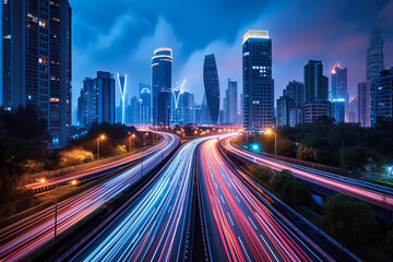 Fototapeta na wymiar Vibrant City Nightscape with Illuminated Skyscrapers and Traffic Trails