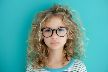 Obraz premium Portrait of a young girl with curly blonde hair wearing oversized glasses Isolated on a vibrant blue background Exuding innocence and curiosity