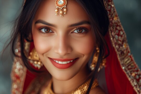 Indian girl smiling model with golden kundan jewelry wearing traditional lehenga choli