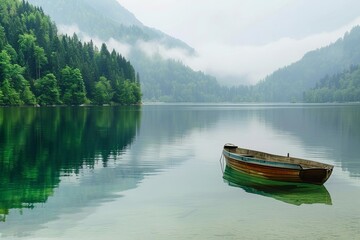 Naklejka na ściany i meble Serene lake scene with a boat gently floating Embodying peace and tranquility