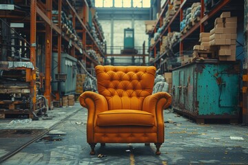 Amidst the empty warehouse, a vibrant orange chair stands out, a symbol of hope and warmth in the...