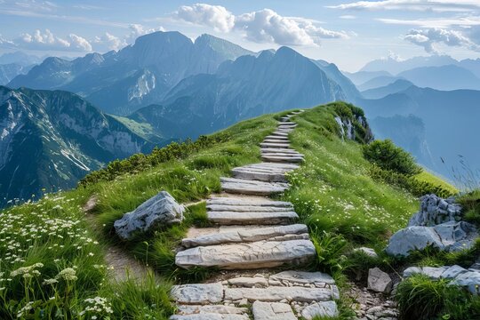 Serene pathway leading to the summit of a majestic mountain Inspiring a journey of discovery and achievement