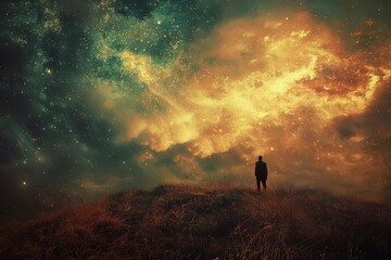 Solitary figure standing at the edge of a surreal landscape Gazing at a mesmerizing cosmic sky Evoking wonder and introspection