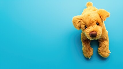 A plush golden retriever toy on a blue background