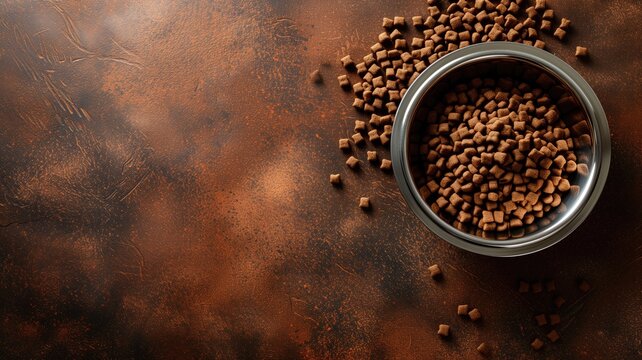 Dry dog food in a bowl on a textured brown background