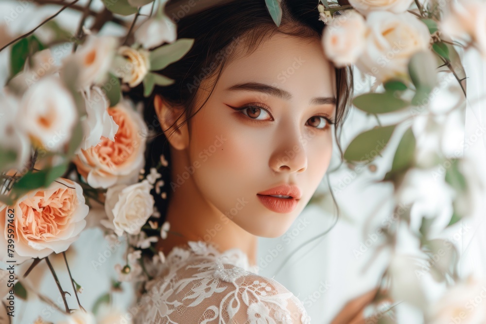 Wall mural selective focus on wedding makeup hairstyle dress and decoration in a beautiful asian bride portrait - Wall murals