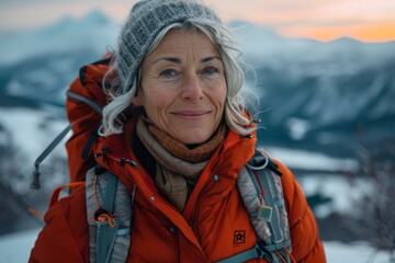 A smiling woman braves the freezing winter air, standing tall in her hat and jacket, against a snowy mountain backdrop - obrazy, fototapety, plakaty