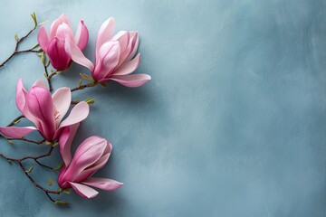 Minimalistic still life featuring pink magnolia flowers on a soft blue background with copy space for wedding stationery or a blank vertical greeting card