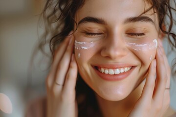 Happy young woman with closed eyes applies cream on her face and moisturizes her skin with cosmetics creating a home spa care concept