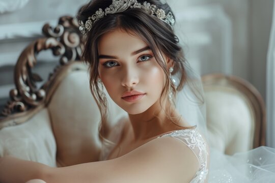 Stunning bride in an exquisite wedding gown and crown elegantly photographed in a morning wedding setting