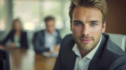 Naklejka premium In this professional setting, a successful businessman occupies a boardroom seat while his team stands in the background, highlighting his leadership and teamwork.