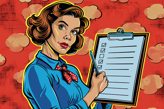 Retro Pop Art Woman with Clipboard, Ideal for Vintage Concept Presentations and Marketing