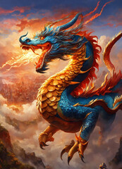 Blue and gold dragon with fire flames coming out of its mouth
