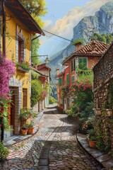 A charming cobblestone street lined with colorful buildings, leading towards a majestic mountain in the background.