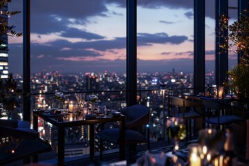 Fototapeta na wymiar A chic rooftop restaurant providing panoramic views of the city at night.