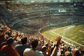 A packed sports stadium filled with cheering fans during a football game. - obrazy, fototapety, plakaty