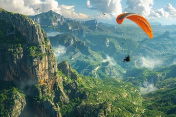 A brave paraglider fearlessly soars through the air above a vibrant, verdant valley. - obrazy, fototapety, plakaty