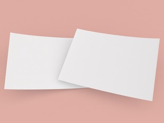 Two white mockups empty advertising flyer on pink background. 3d render illustration.
