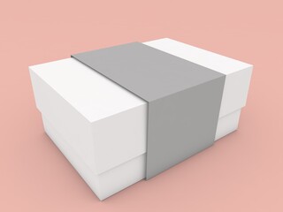 Packaging paper box with ribbon, mockup on pink background. 3d render illustration.