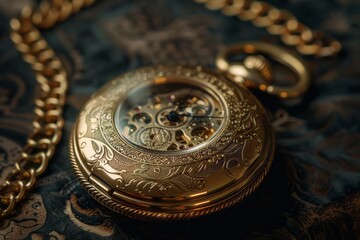 A beautifully engraved golden pocket watch sits prominently on top of a table.